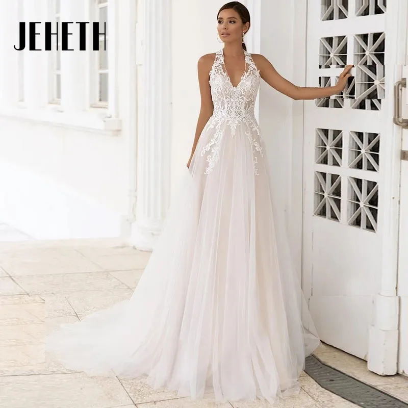 Guitar Hcondamned-Robe de mariée de plage en fibre, ligne A, licou en dentelle, appliques, patients en tulle, train de balayage, nouveau, 2023 Jeheth Beach A COLLECTION robe de mariée sans manches 2023 nouvelle dentell