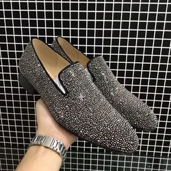 Brand Rhinestone Luxury Designer Shoes Loafers Men Leather Dress Shoes Summer Flats Red Bottom Party Wedding Shoes For Men