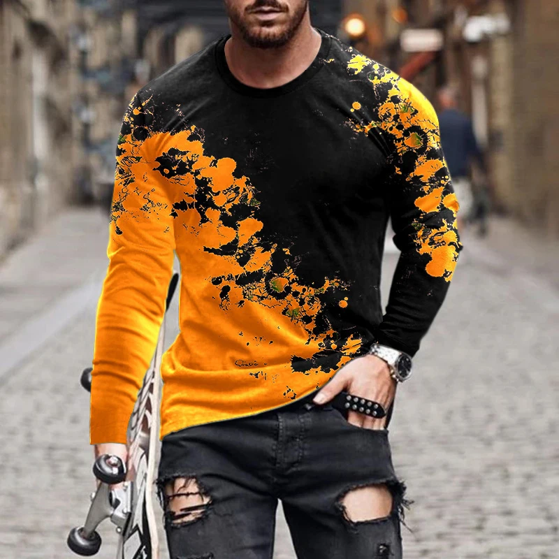 

2024 New Men's Spring and Autumn Long Sleeved 3D Digital Printed Trendy Casual Round Neck Men's T-shirt