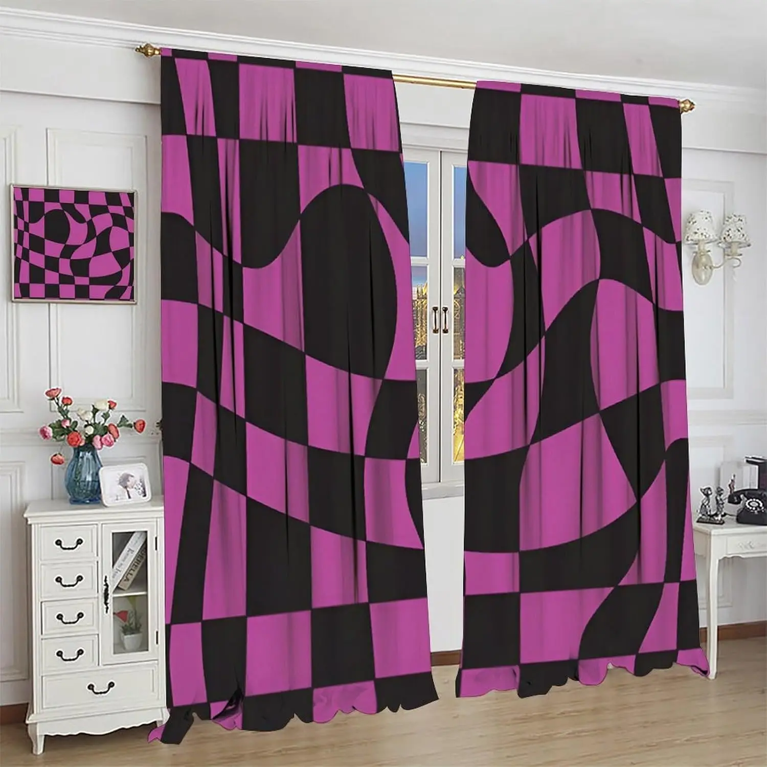 Boho Hippie Buffalo Plaid Black Purple Curtains, Rustic Farmhouse Twisted Plaid Print for Room Window Decor, Rod Pocket Drapes