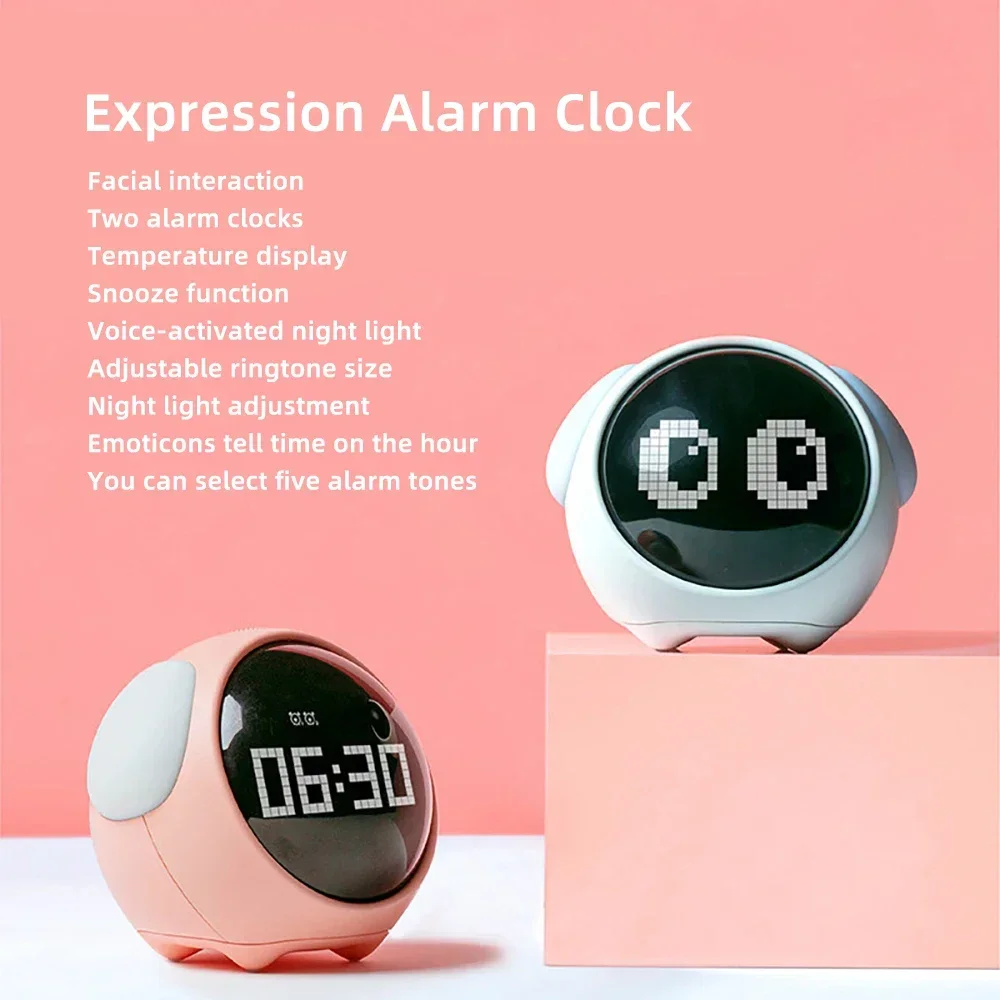 2023 New Cute Expression Alarm Clock Child Multifunctional Bedside Voice Control Night Light Snooze Chargeable Child Alarm Clock