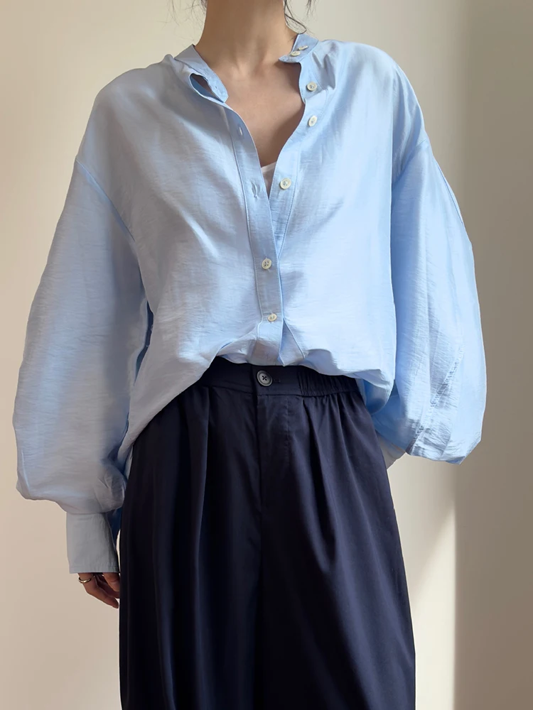 [EAM] Women Blue Perspective Big Size Elegant Blouse New Stand Collar Long Sleeve Shirt Fashion Spring Autumn 2024   1DH5813