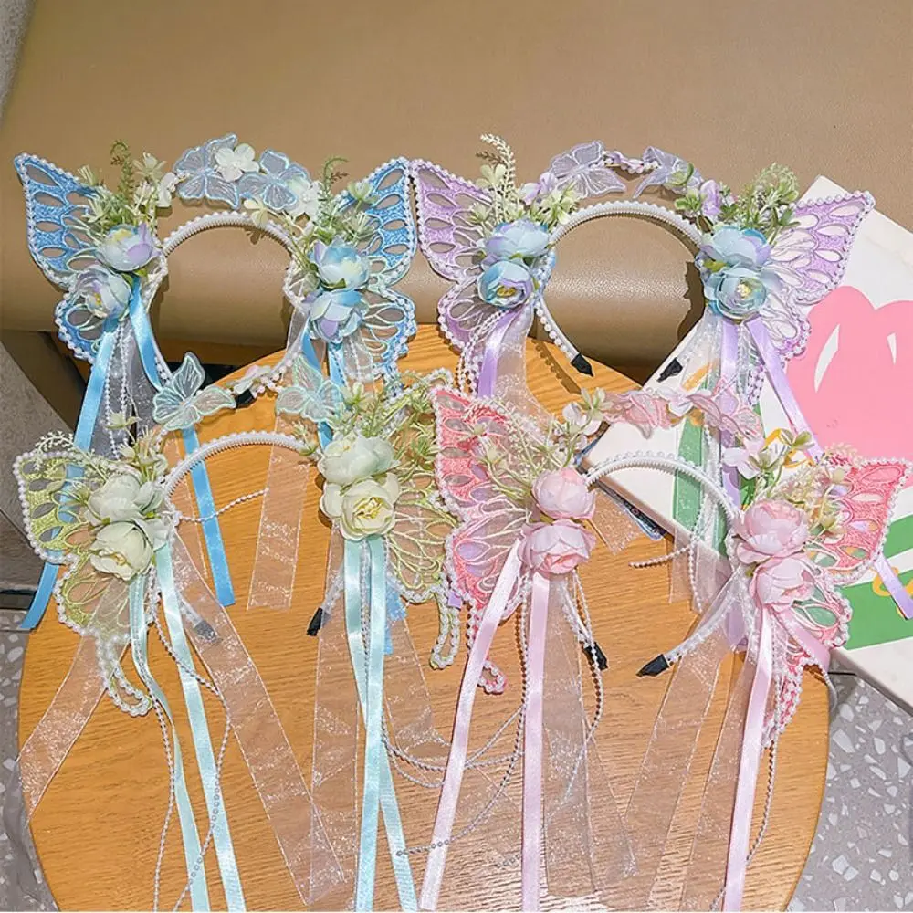 

Delicate Pearls Butterfly Sweet Hairband Glistening Flower Head Jewelry Tassels Princess Jewelry Bachelorette