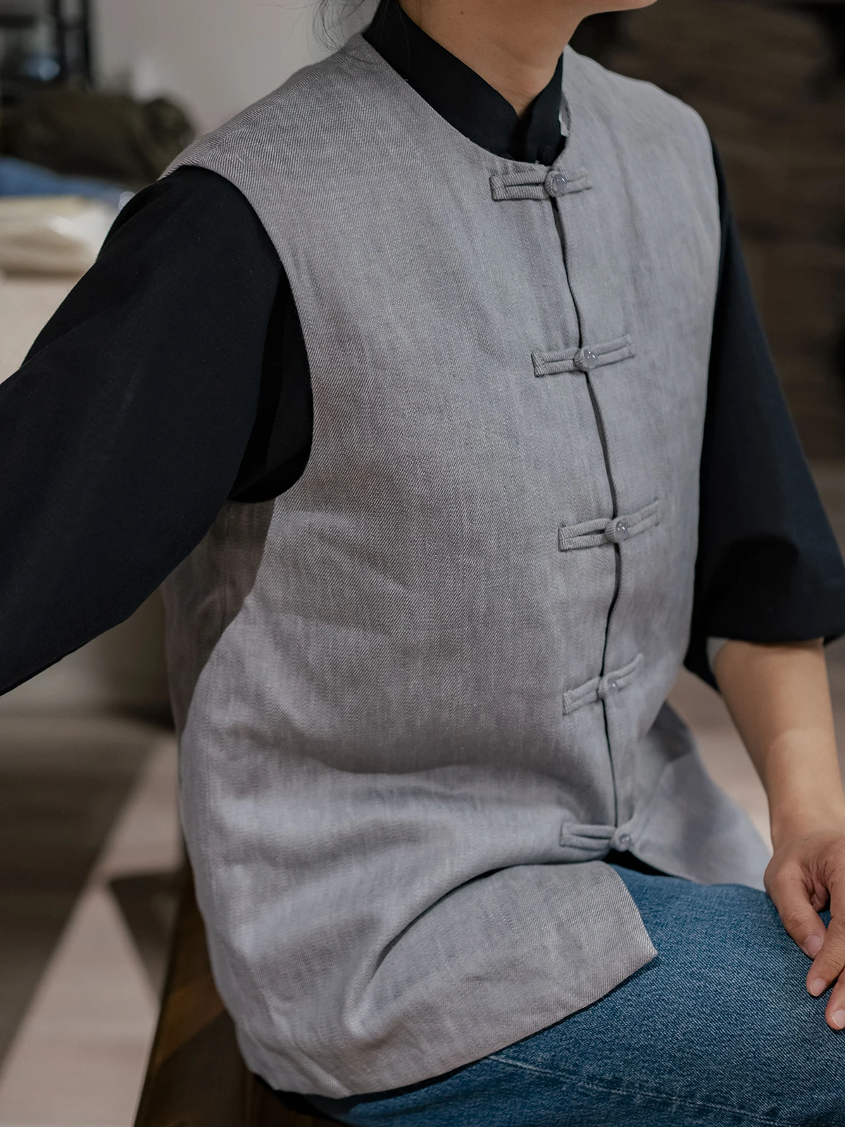 

ex Organic Cotton Han Hanma Vest Autumn Winter Chinese Sle Daily Casual Clothes round Ne Single Button Pure Color