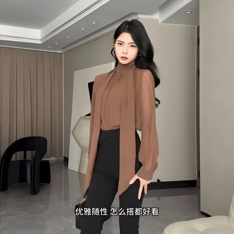 

Elegant Blouse Fashion High Street Women Clothing Spring New Temperament Simplicity Chiffon Shirt Tops Long Sleeve Thin Lacing