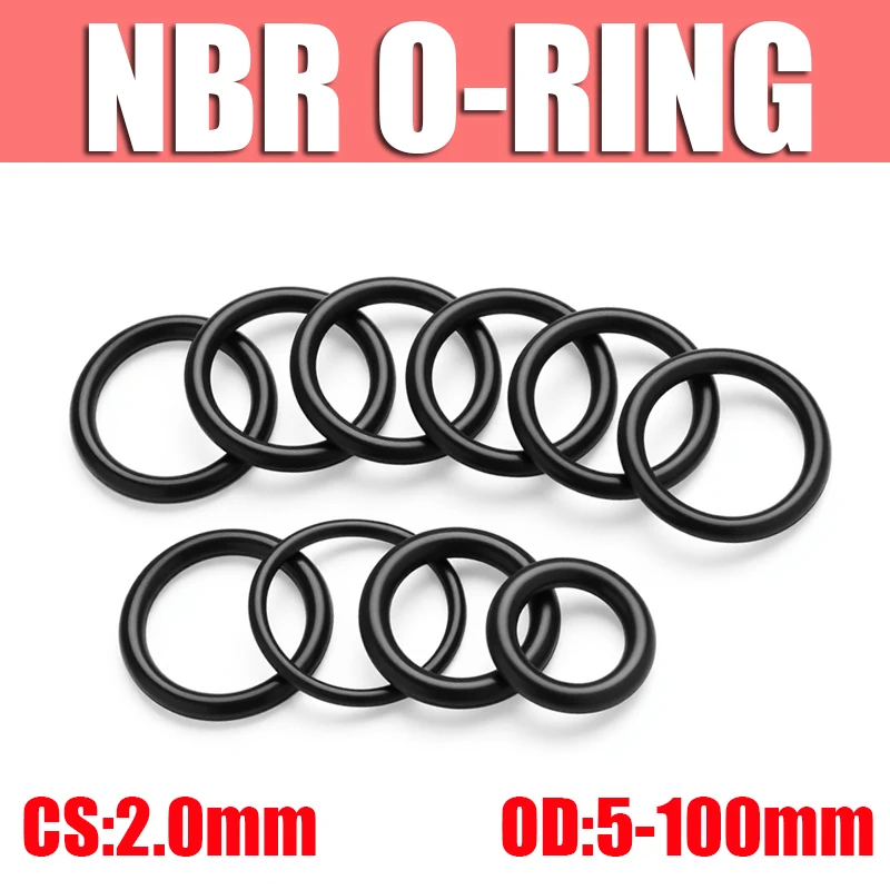 100pcs NBR O Ring Seal Gasket Thickness CS 2mm OD5~100mm Nitrile Butadiene Rubber Spacer Oil Resistance Washer Round Shape Black