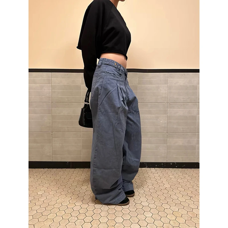 ZHIZOU Autumn Women Baggy Gothic Jean Blue Denim Pants Academia Y2K Japanese Harajuku Cargo Jeans Punk Tide Hip-pop 2000s Design