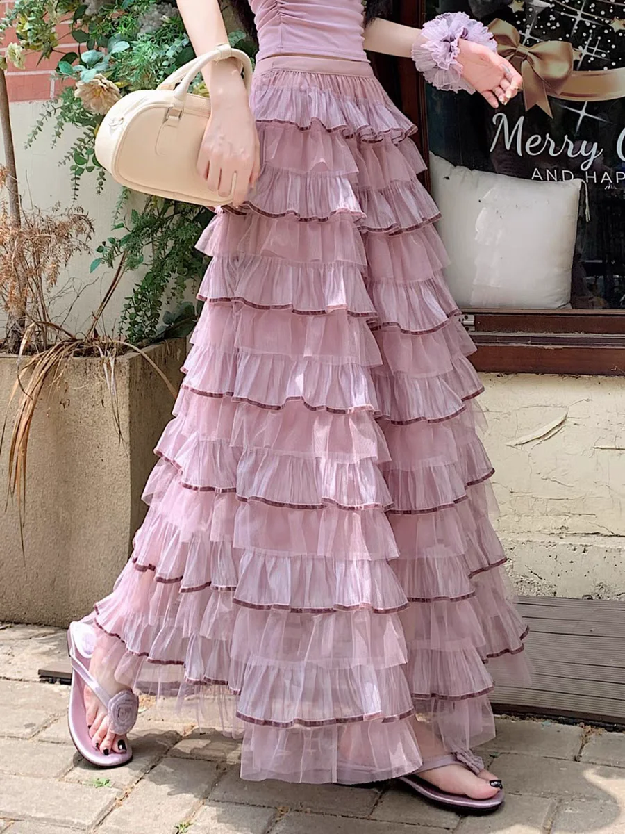 Damska długa spódnica maxi z tiulu z wysokim stanem, letnia spódnica warstwowa z drapowanymi warstwami, elegancka spódnica szyfonowa w kształcie litery A.