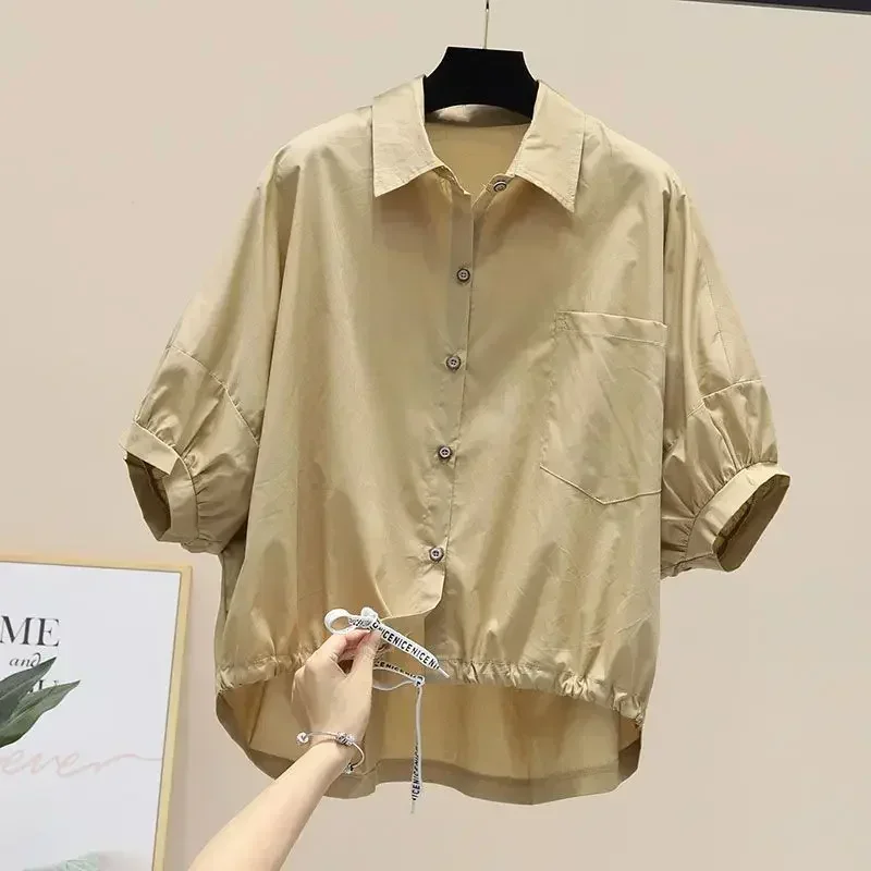 

Blusas Summer New Bat Sleeve Shirt Women Loose Casual Hem Waist Short Blouse Solid Crop Tops Half White Shirts Lady