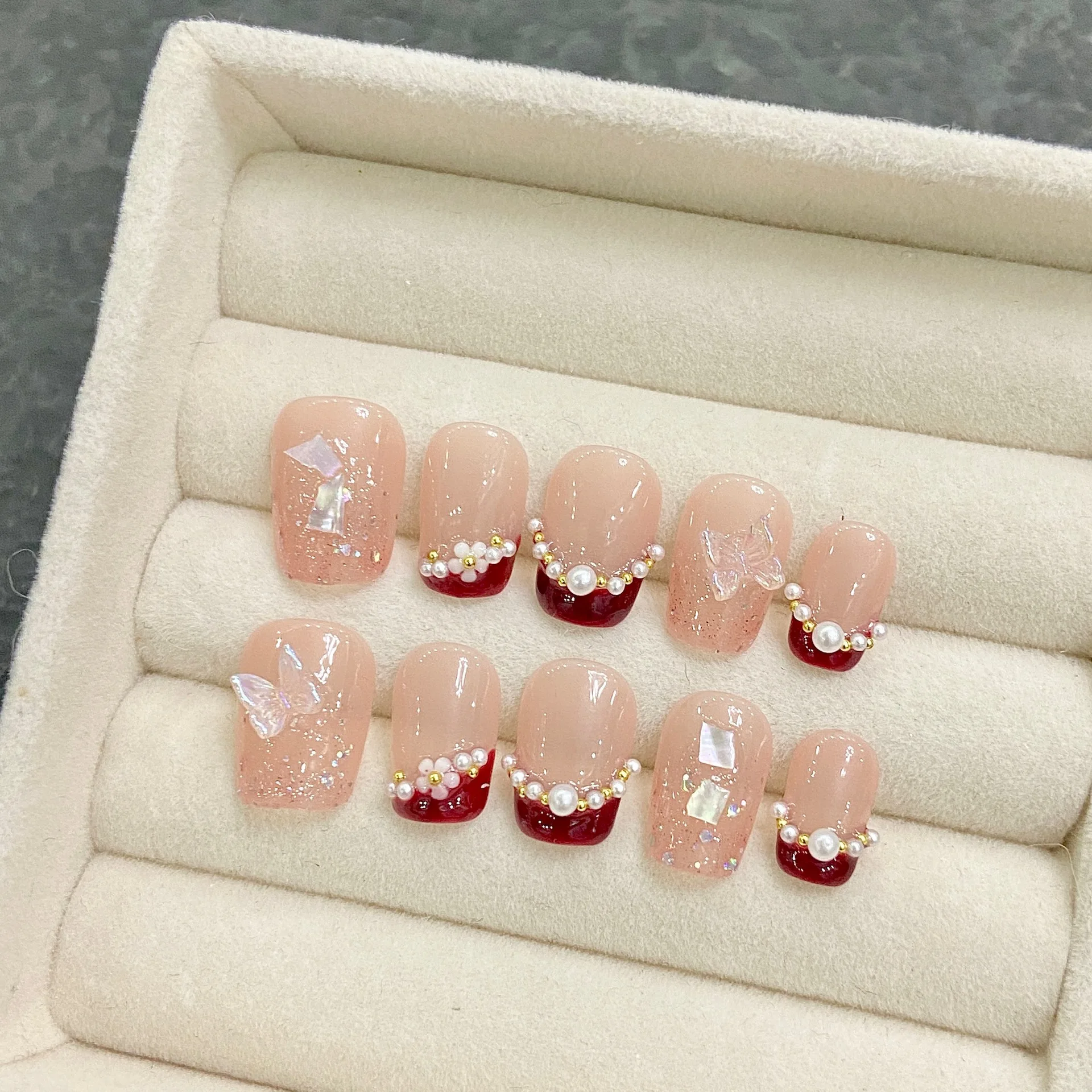 10Pcs Handmade Press on Nails Red French Style Fake Nails Short Square Elegant Pearls Butterfly Designs Wearable Nail Tips Art