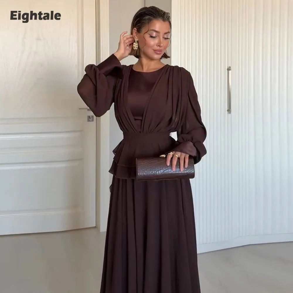 

Eightale Arabic Evening Dresses for Wedding Party O-Neck Long Sleeves Customized Chiffon Pleats Brown A-Line Muslim Prom Gowns