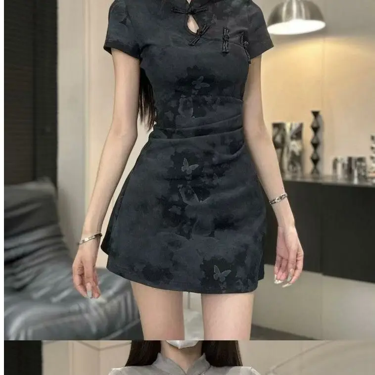 2024 New Summer New Chinese Style Improved Short Qipao Dress for Women Tight Tie Dyed Slim Fit Wrapping Hip Dress with  Folds