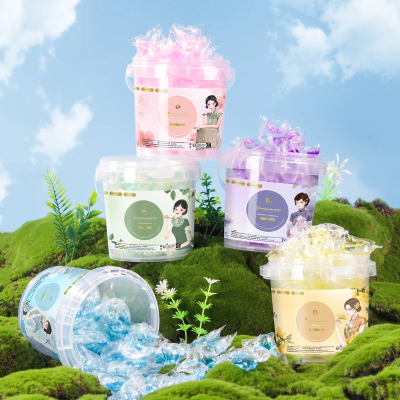 

80 упаковок высококачественного стирального порошка 3-в-1, длительный аромат, удаляет пятна и запахи, прозрачное ведро с крышкой