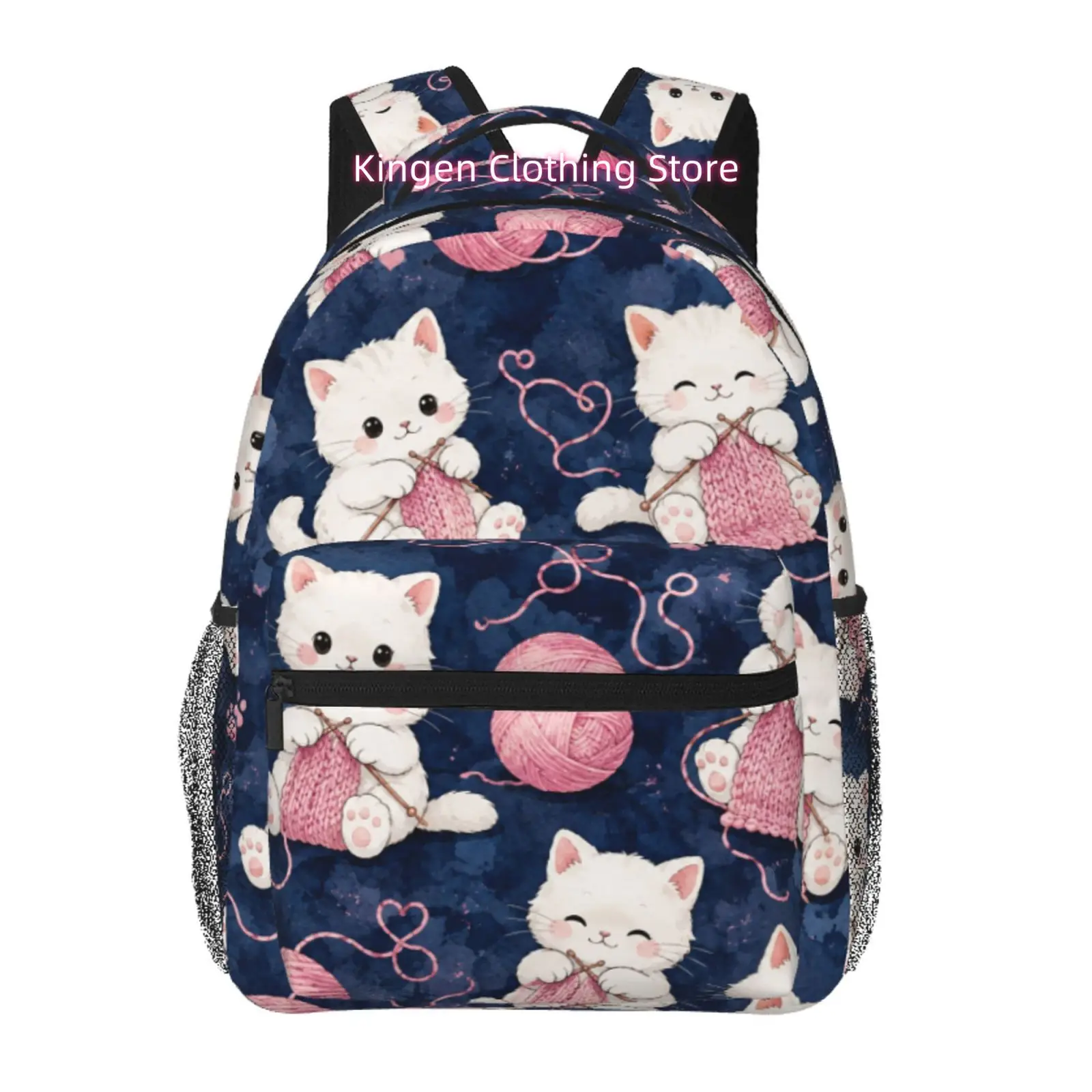 Cute Knitting Cat Print Adult Backpack, Oxford Cloth Adjustable Strap Casual Daypack for Cat Lovers& Women, for Daily Commute, P