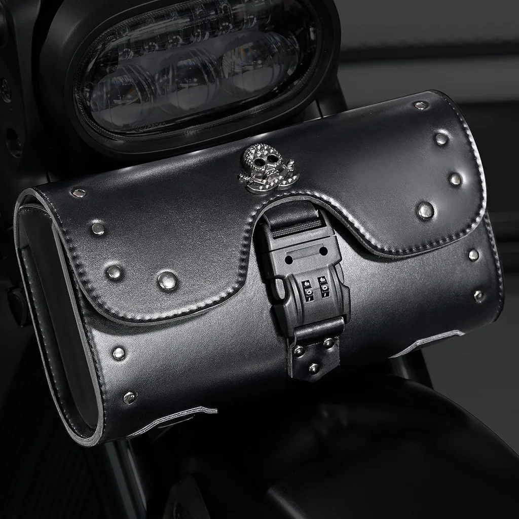 Punk Style Retro Motorcycle Front Fork Tool Bag PU Leather Handlebar Pouch for Bikers Motorbike Storage Saddlebag Daily Commute