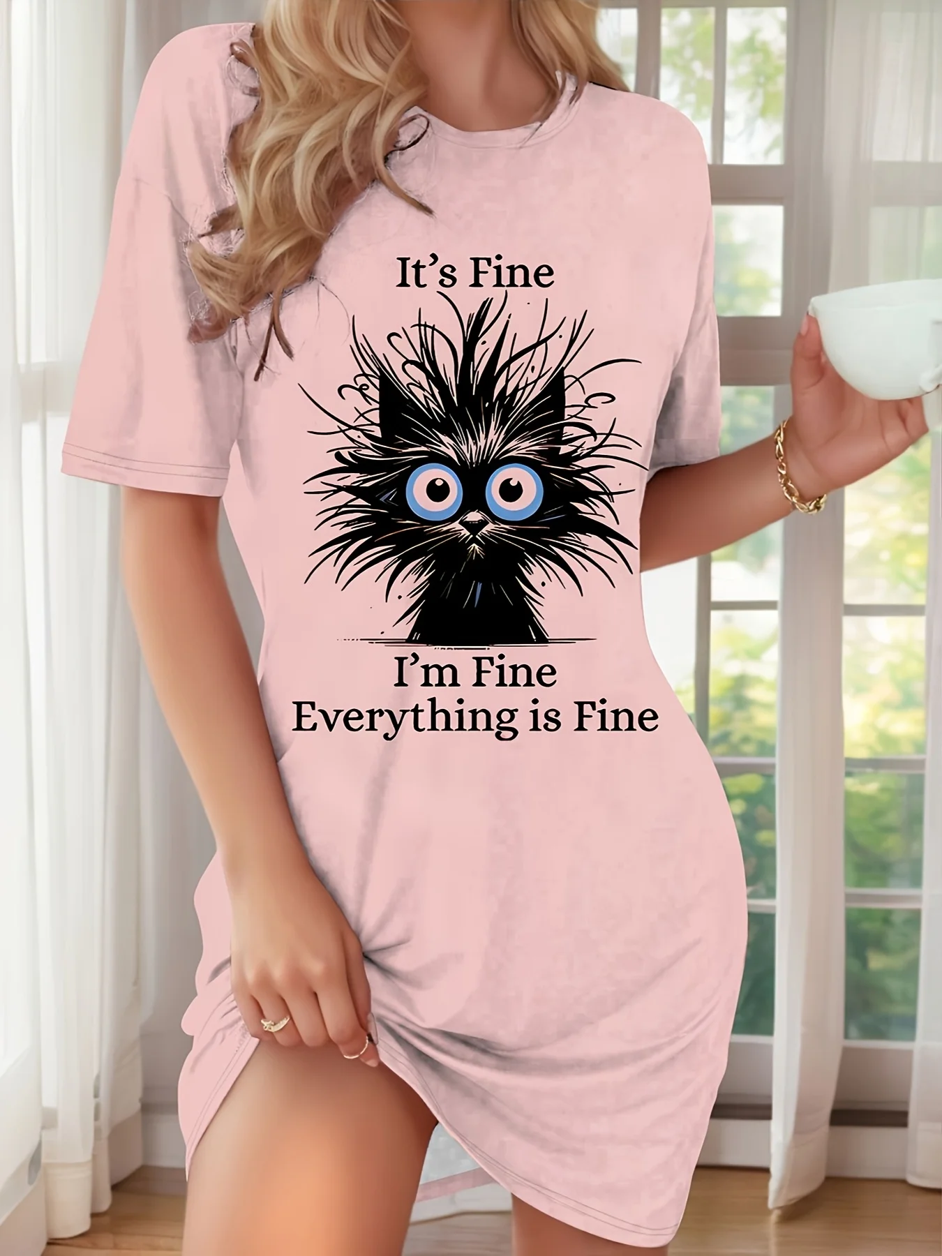 Zabawny wzór z kotem i nadrukem: "Jestem dobrze, wszystko jest dobrze", krótka damska sukienka oversize z imitacji bawełny, okrągły dekolt, odzież domowa.