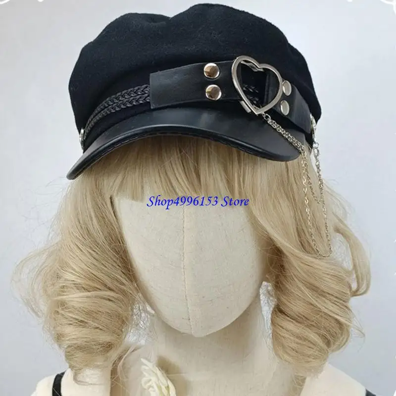 

Q0KE Popular Female Hat Girls Woolen Felt Octagonal Hat with Love-Heart Belt