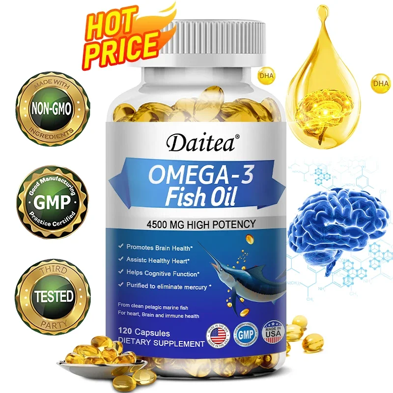 Daitea Fish Oil Omega 3 - Holistic Health Supplement - Immune System Health Supplement 4500mg Easy to Swallow