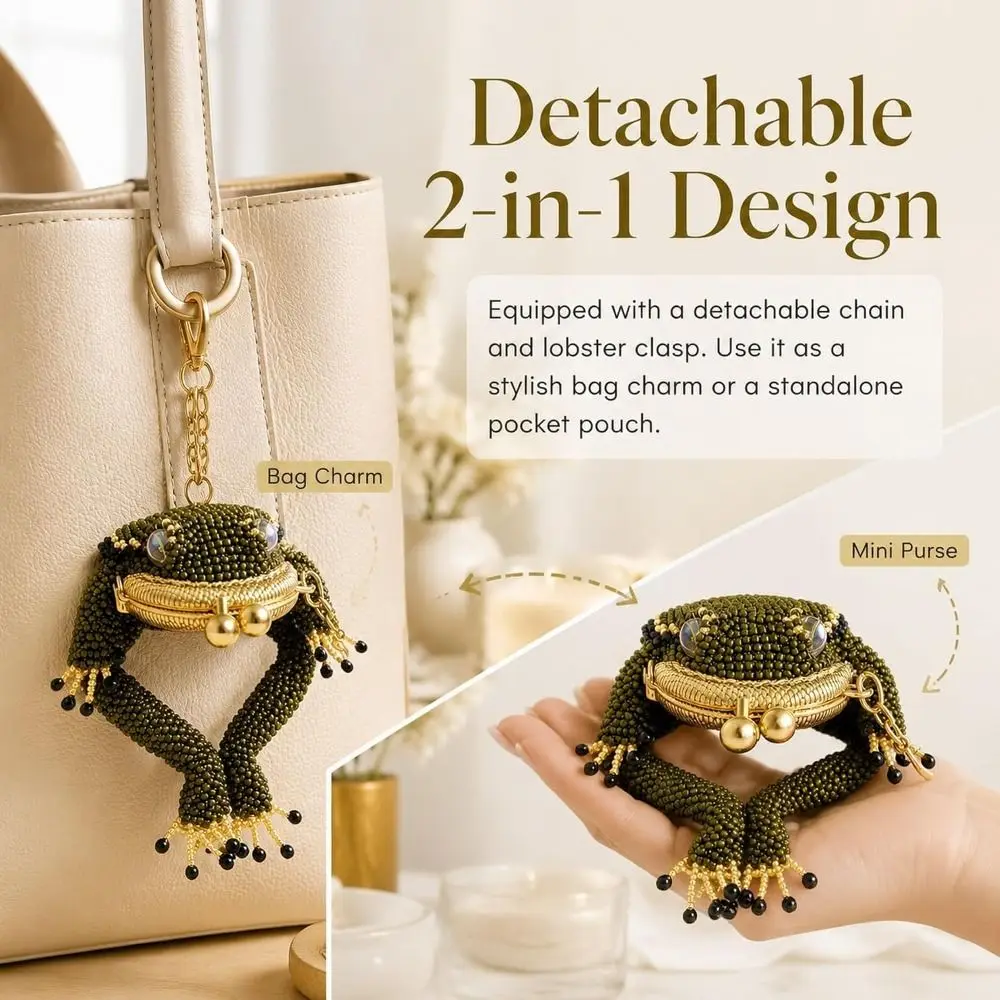 Mini Charming Frog Coin Purse 3D Cartoon Style Beaded Earbud Storage Pouch Kiss Lock Closure Keychain Coin Purse