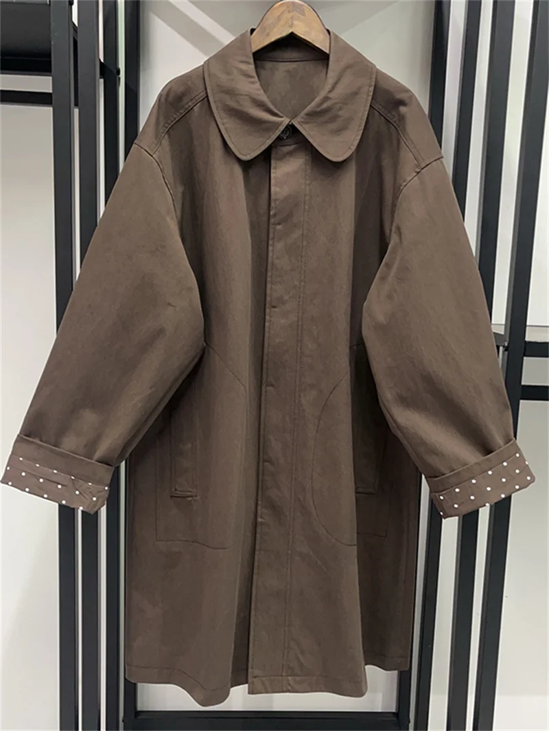 Ladies Polka Dot Print Curled Edge Long Sleeve Trench Coat Autumn/winter Women Solid Color Covered Buttons Mid-Length Jacket