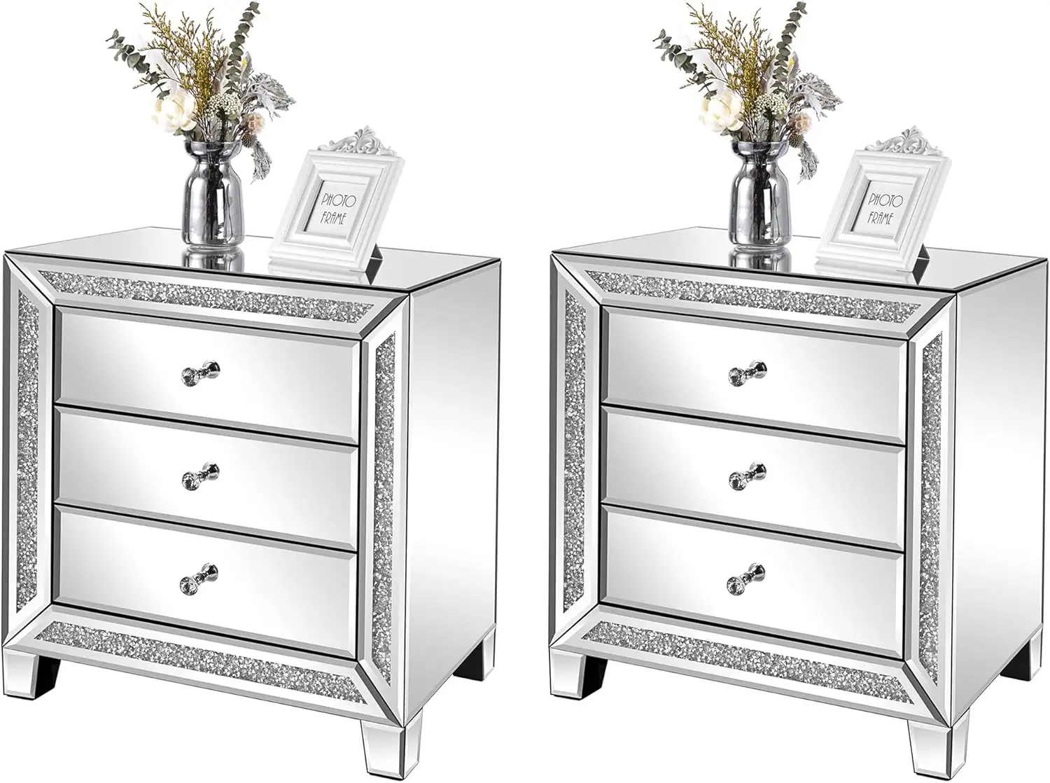 Mirrored Nightstands set of 2 Modern Bedside Table 3 Drawer Glass Side End Table Silver Dresser for Bedroom,23W x 13.8D x 24.8H