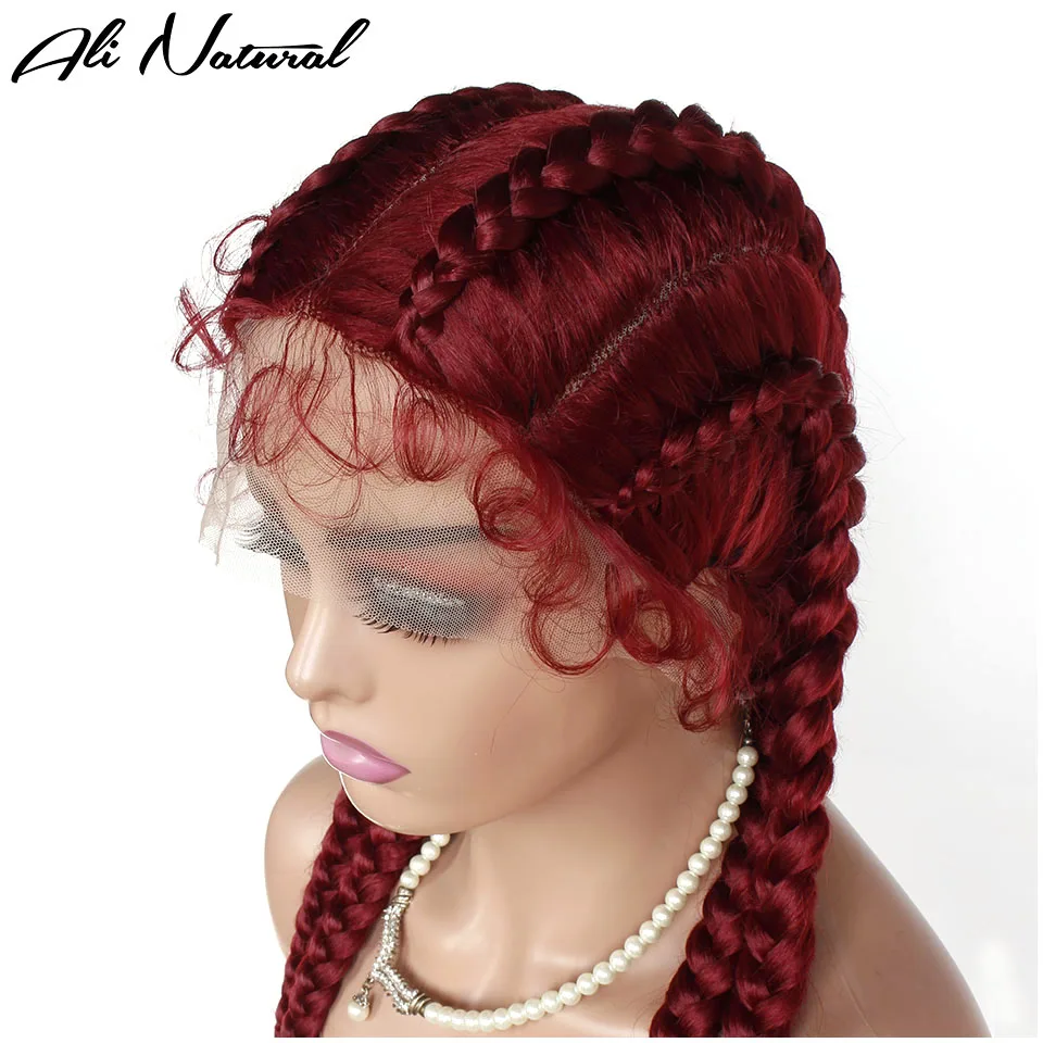 99J Color Box Braids wig African 4 braids Braided 360 Lace Wig For Black Women Dark Burgundy Synthetic Fiber