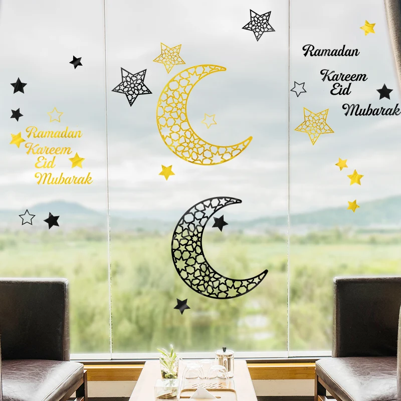 

1set Eid Mubarak Acrylic Wall Sticker Ramadan Kareem Gold/Silver/Black Moon Star Self-adhesive Sticker Islam Muslim Decoration