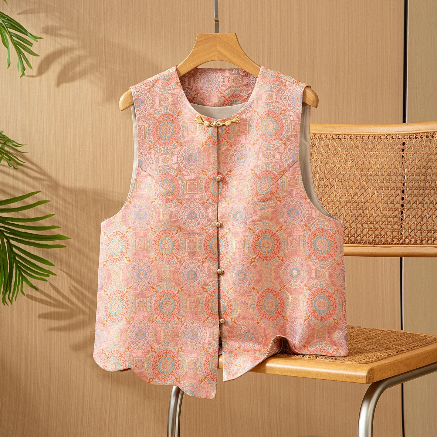 

Orange Silk Tang Suit Vest round Ne Women's Sle Outerwear Traditional Chinese National Faion Commute Sle Regular Thic...