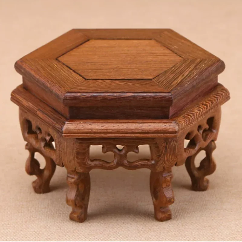 Vintage Solid Wood Chicken Wing Wood Hexagonal Stand - Exquisite Vase Teapot & Bonsai Display Pedestal Base