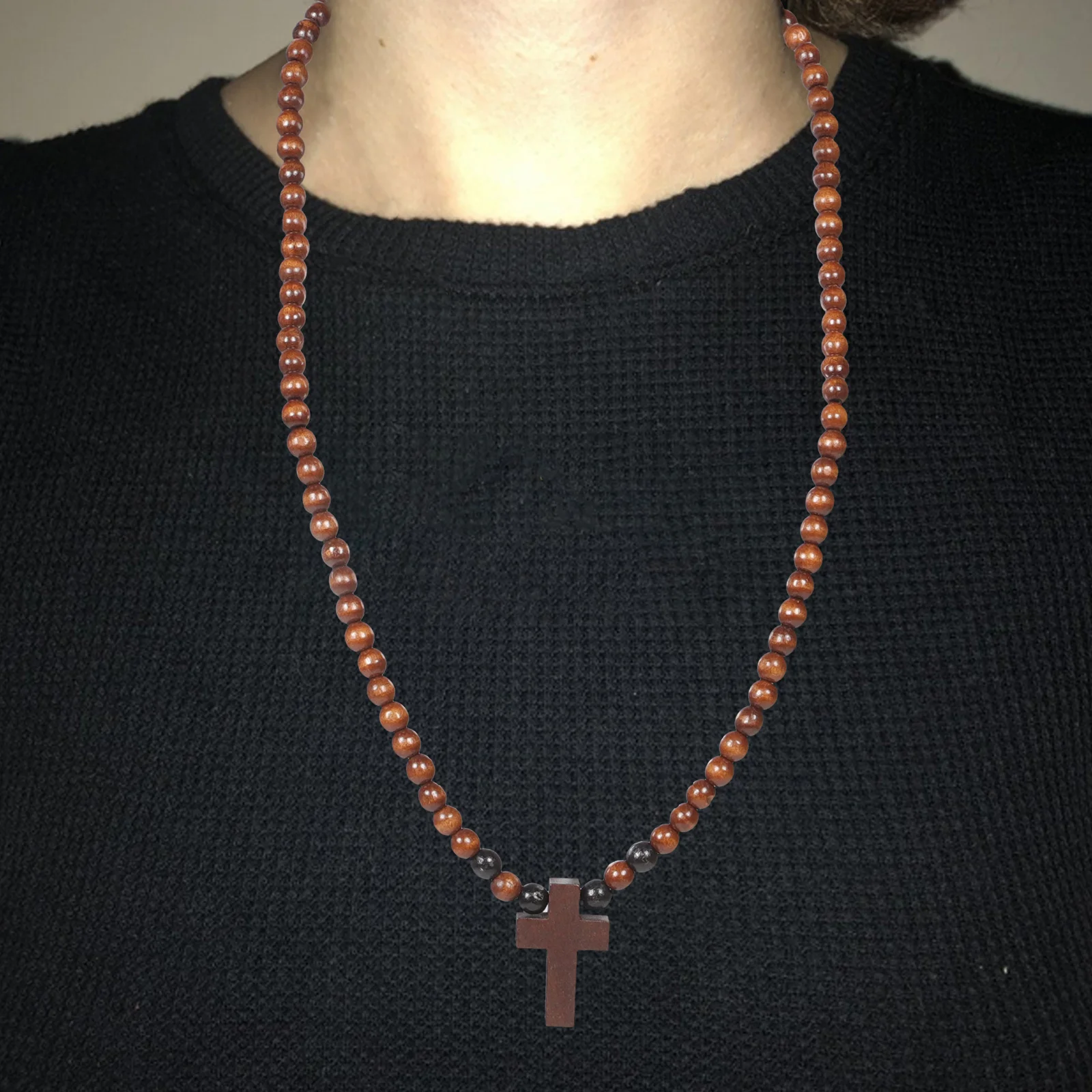 Cross Neck Chain Necklace Beaded Necklaces for Women Prayer Beads Wooden Vintage