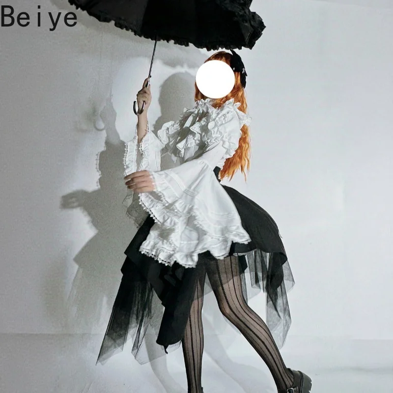 Halloween Lolita Girls Gothic Outfits High Street Subculture Cos Clothing Set Women Ruffle Princess Blouse Irregular Skirt Suits