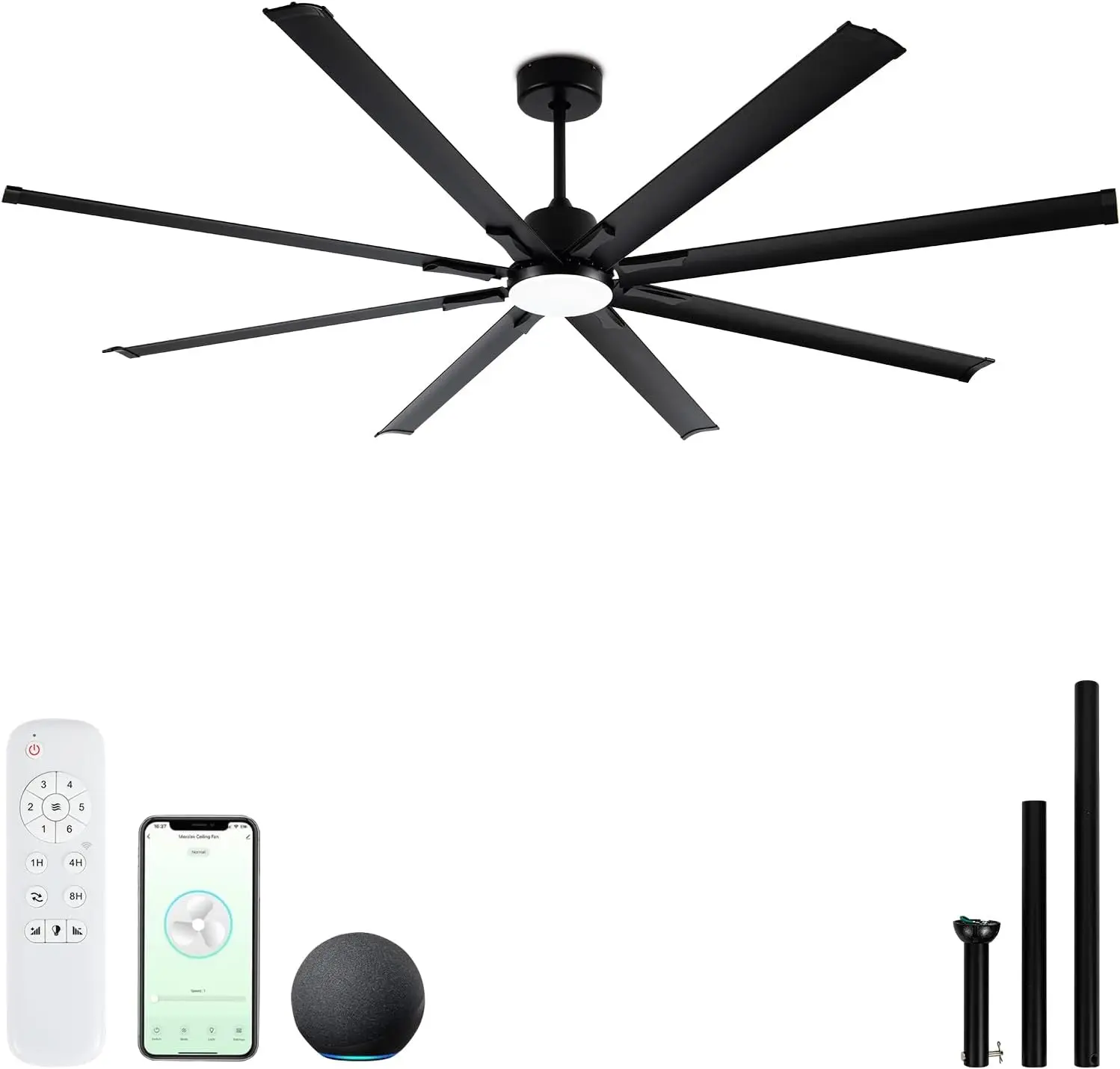 

84" industrial Ceiling Fans with Lights,Large Ceiling Fan with Remote Control,Modern 8 Black Aluminum Blades with 6"/12"/24" Dow