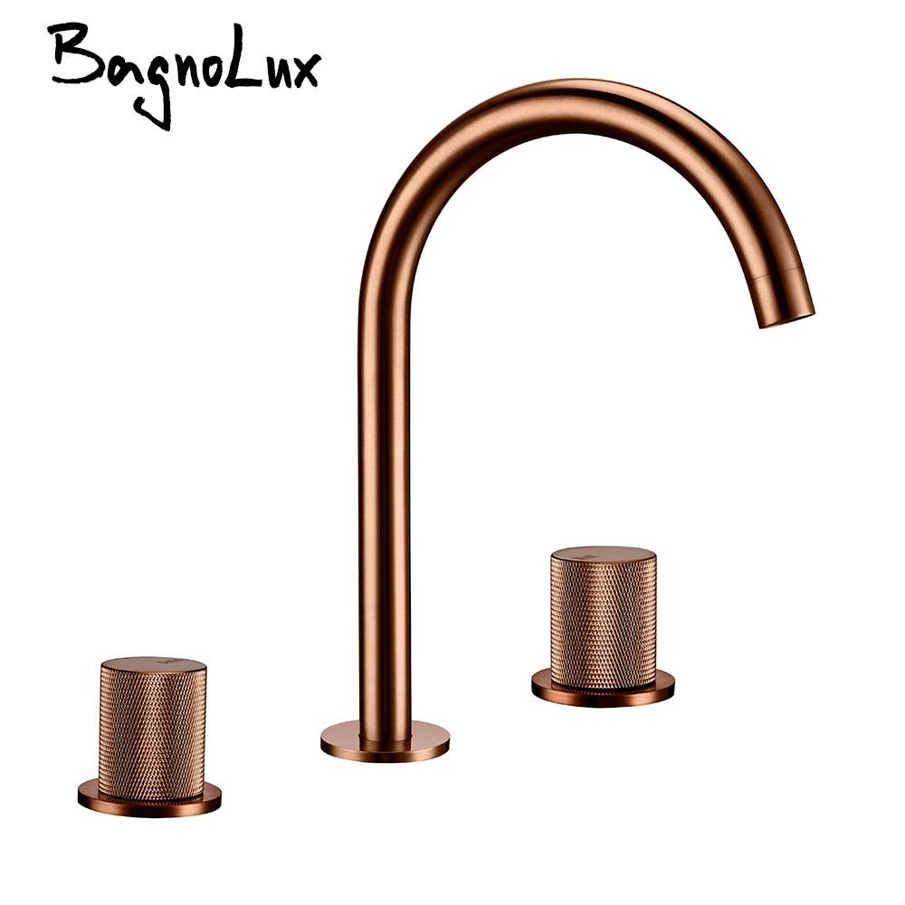 Brushed Rose Gold Basin Faucet 3PCS Knurled Handles Sink Tap Hot And Cold Deck Mounted Mixer Widespread Faucet 3 Holes Set