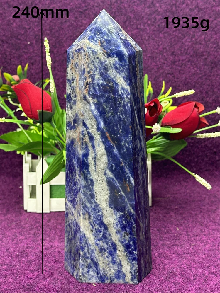 Beautiful Blue Hexagonal Column Ornament Starue Ore Specimen Carved Exquisite Altar Prayer Feng Shui Home Decoration