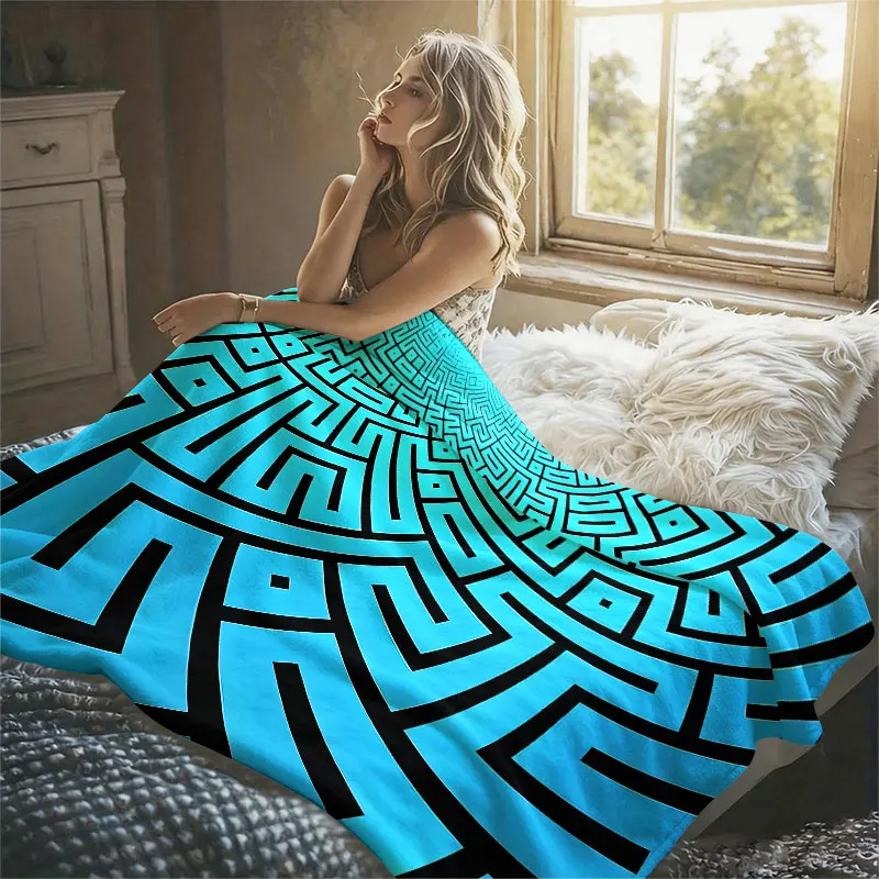 Greek Key Maze Spiral Cyan Flannel Blanket Perfect for Sofa Office Bed Travel Sleep Read Relax Camping Four Season Use