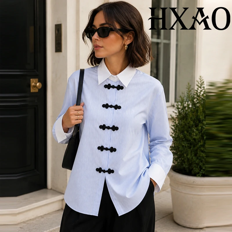 HXAO Blue Striped Shirt Summer Long Sleeve Blouse Women Chinese Frog Button Blouse For Woman Loose Fit Office Female Shirt