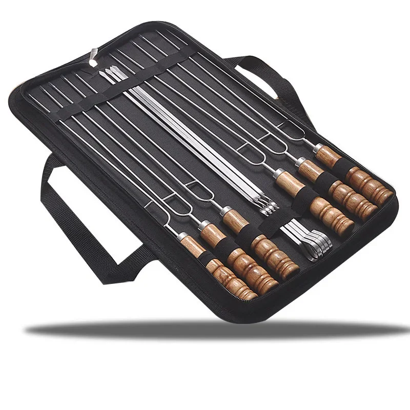 10 PCS/Set Stainless Steel Wire BBQ Skewers Wood Handle Grill Roasting Sticks Outdoor Camping BBQ Tools Storage Bag Kit