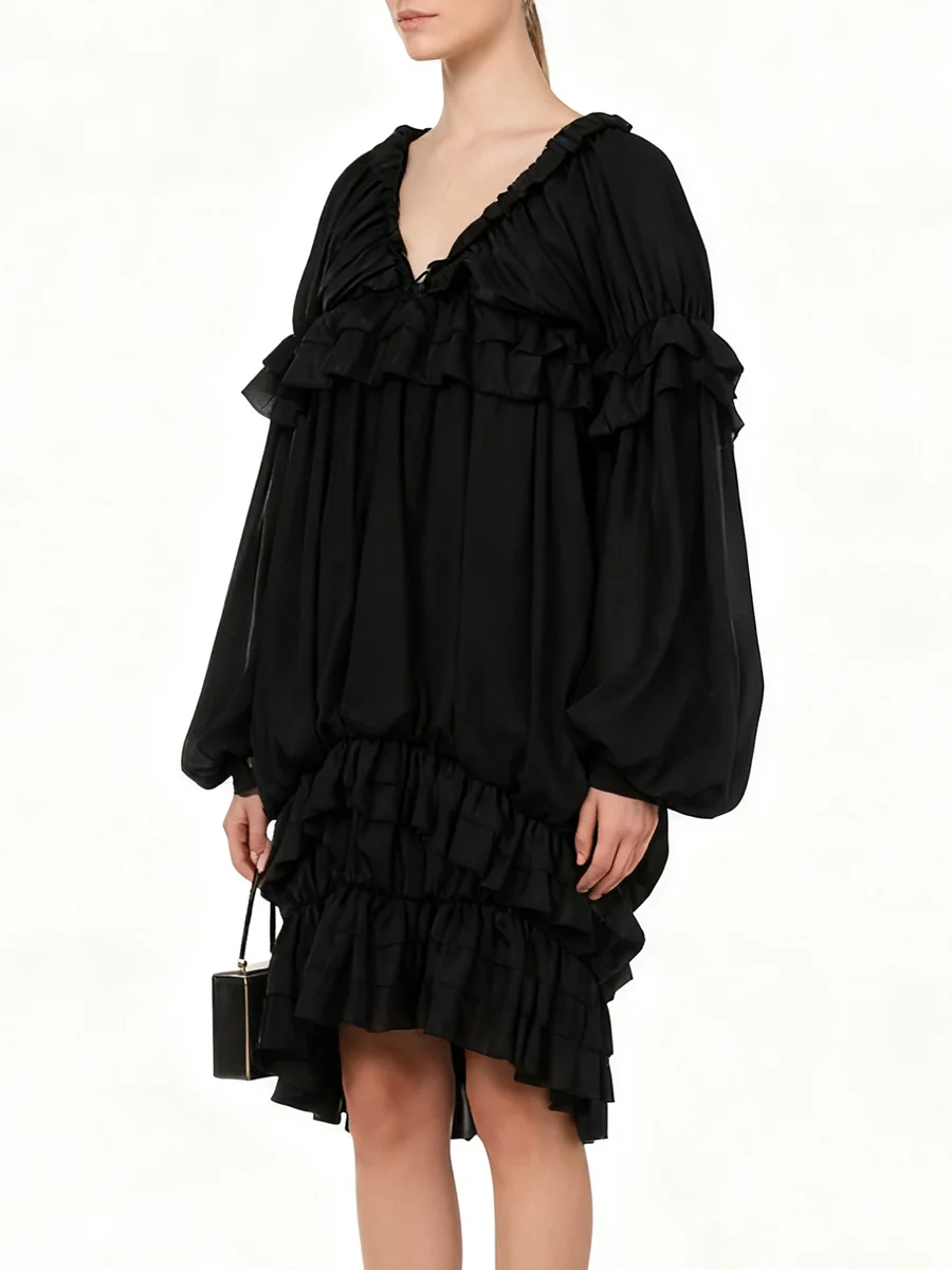 ชุดเดรสทรงหลวมแบบเรียบหรูสำหรับผู้หญิง คอวี แขนยาวทรงโคมไฟ ดีไซน์ทันสมัยสำหรับฤดูร้อน เหมาะสำหรับงานปาร์ตี้ ชุดเดรสจับจีบ สไตล์แฟชั่นสำหรับผู้หญิง