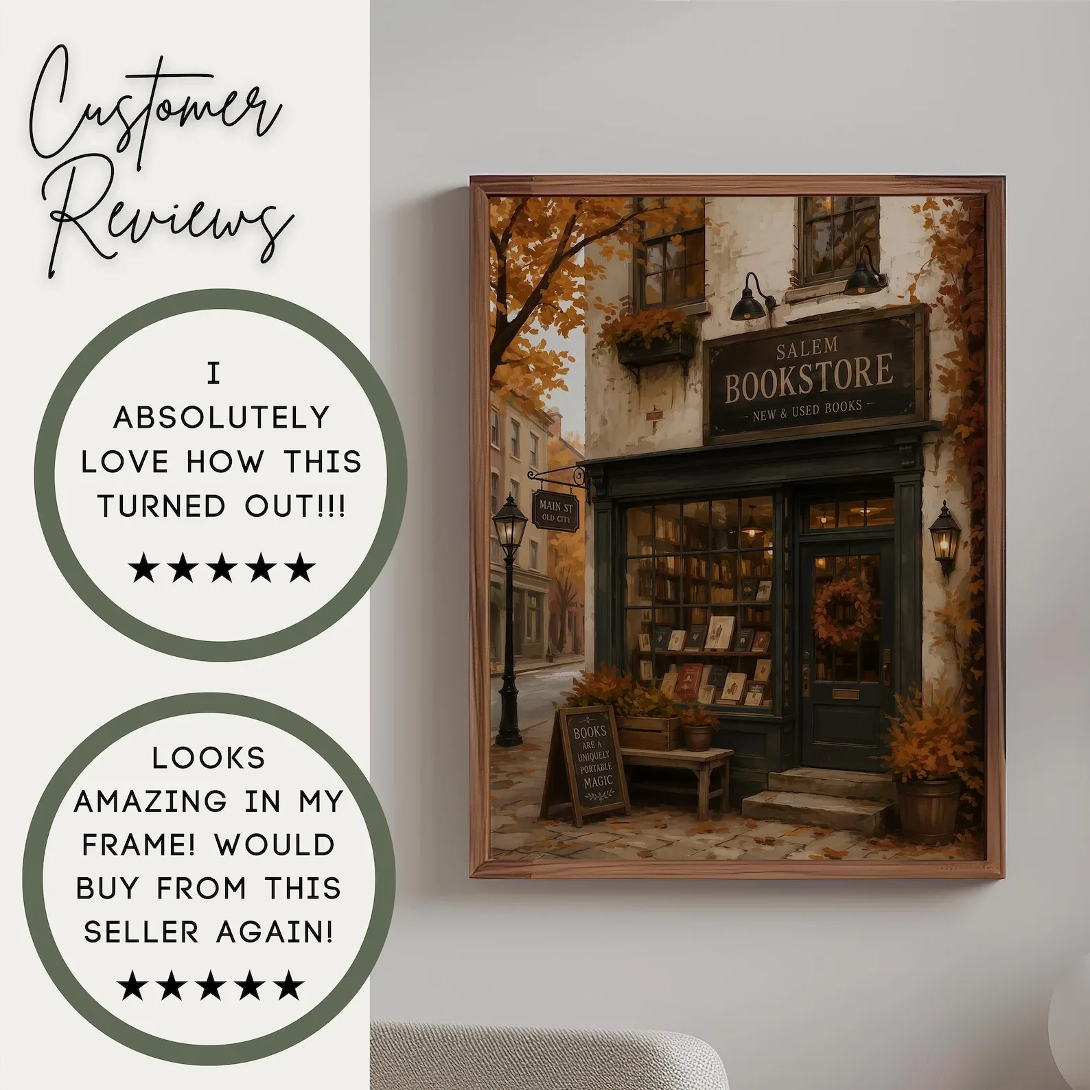 1pc frameless Canvas Painting Vintage Salem Bookstore Canvas Wall Art, Autumn Fall Town Street Oil Painting Print, Dark Academia