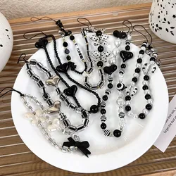 Charm Heart Butterfly Mobile Phone Chains for Women Girls Telephone Charm Strap Black Acrylic Pearl Beaded Lanyard Jewelry Gifts