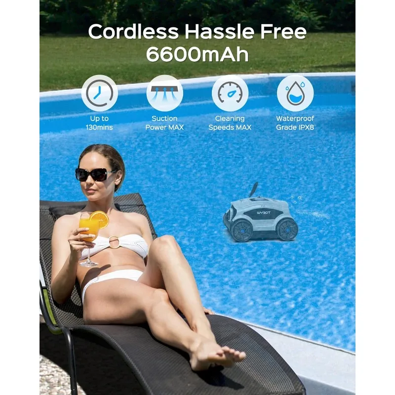 (2025 جديد) منظف حمام السباحة الآلي اللاسلكي WYBOT Osprey 300II، وقت تشغيل 130 دقيقة، مكنسة حمام السباحة مع شفط قوي بقدرة 45 وات