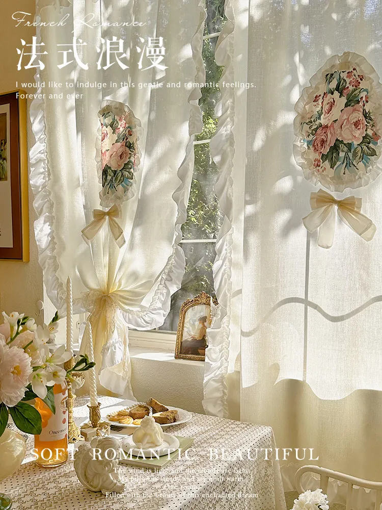 Princess Style Half Curtain, French Korean Decor with Lace Hem & 3D Floral Applique, Sheer Drapes for Small Window,Cabinet Cover