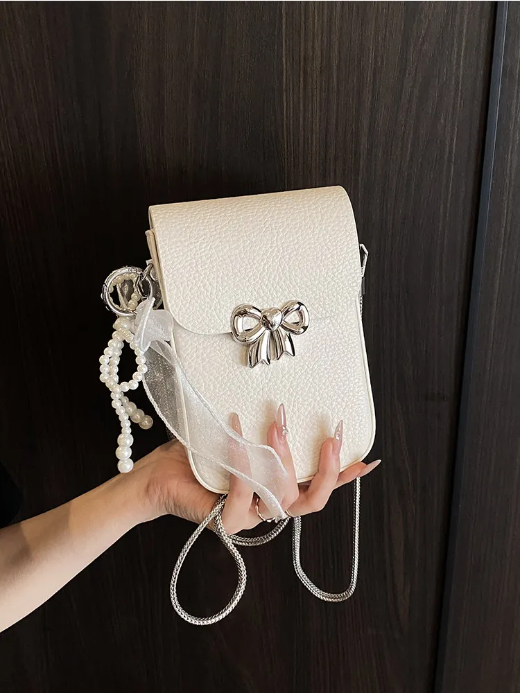 Exquisite Bowknot Chains Messenger Bag for Women High End PU Leather Mobile Phone Bags Summer Trendy Magnetic Buckle Handbags