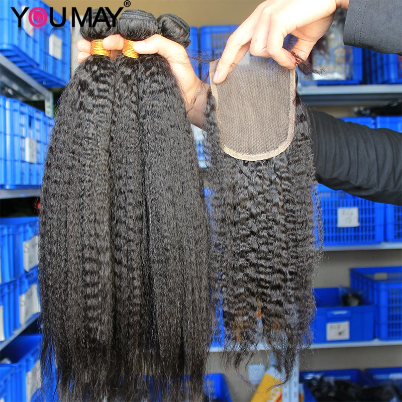 Kinky Straight Bundles Human Hair Extensions Human Hair Brazilian Human Hair Straight 3 Bundles With Closure For Black Women