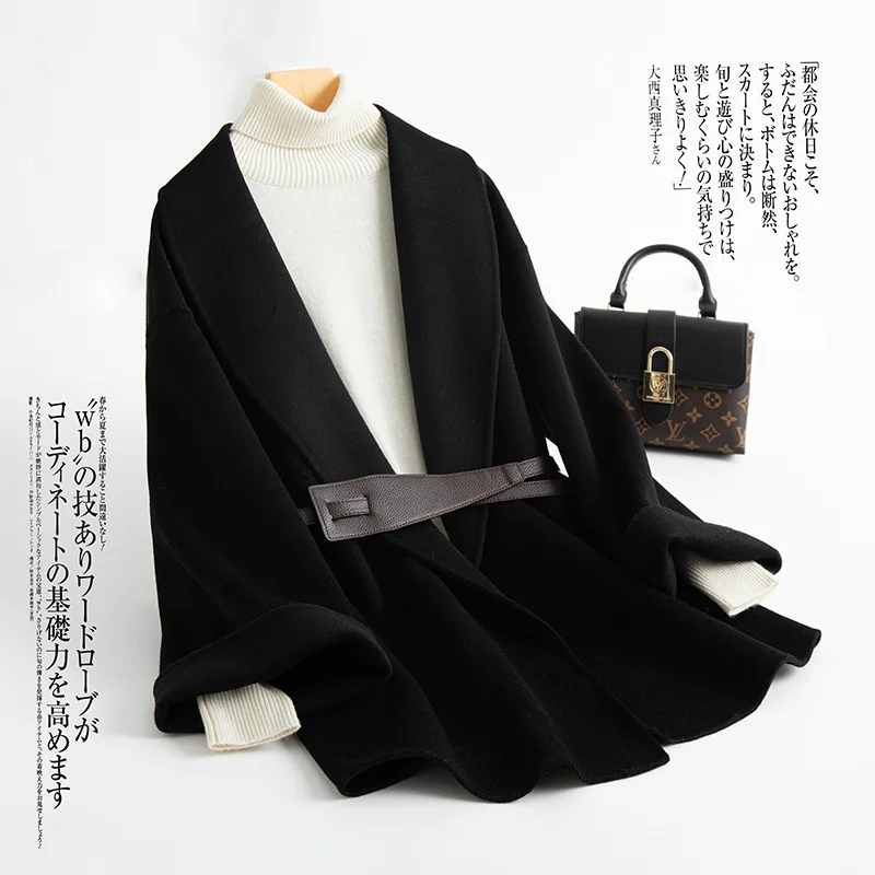 Double-sided Cashmere Coat Women's Medium and Long Autumn and Winter 2026 New Cape Black Woolen Coat