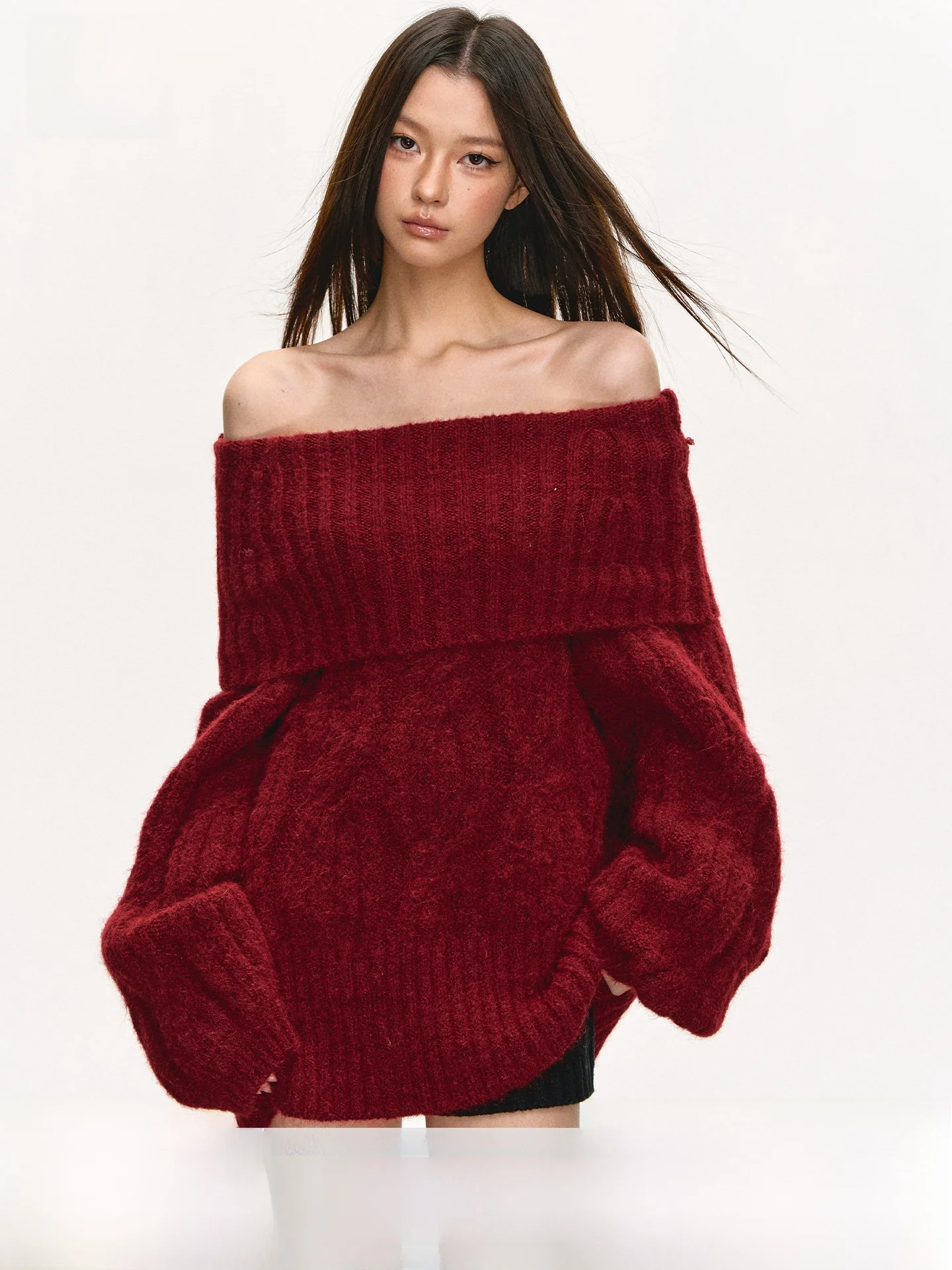 

Anna Aneae красный вязаный свитер на одно плечо женский свободный повседневный свитер весна осень Faion oulder Bared Long Sve Top