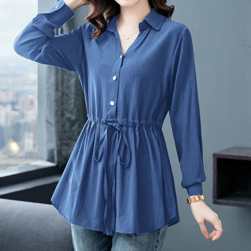 Elegant Fashion Solid Button Belt Long Chiffon Shirt Spring Autumn 2023 New Long Sleeve Polo-Neck Loose Blouse Women\'s Clothing