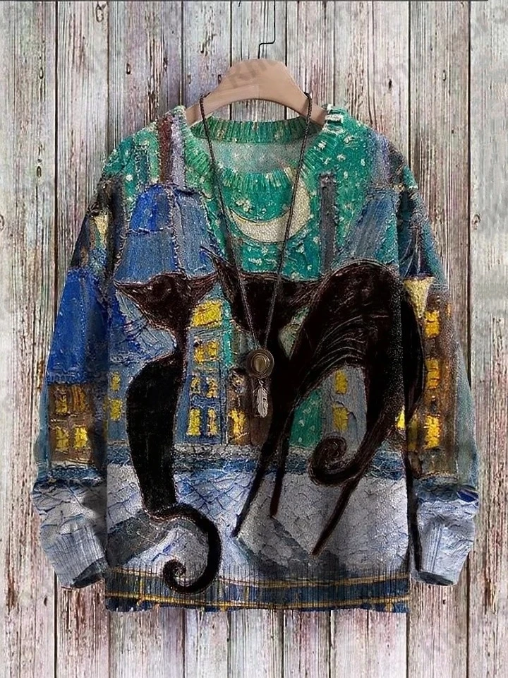 Christmas Devil Play Violin Black Cats Art Pattern Print Casual Knit Pullover Sweatshirt Men's For Women's Pullover