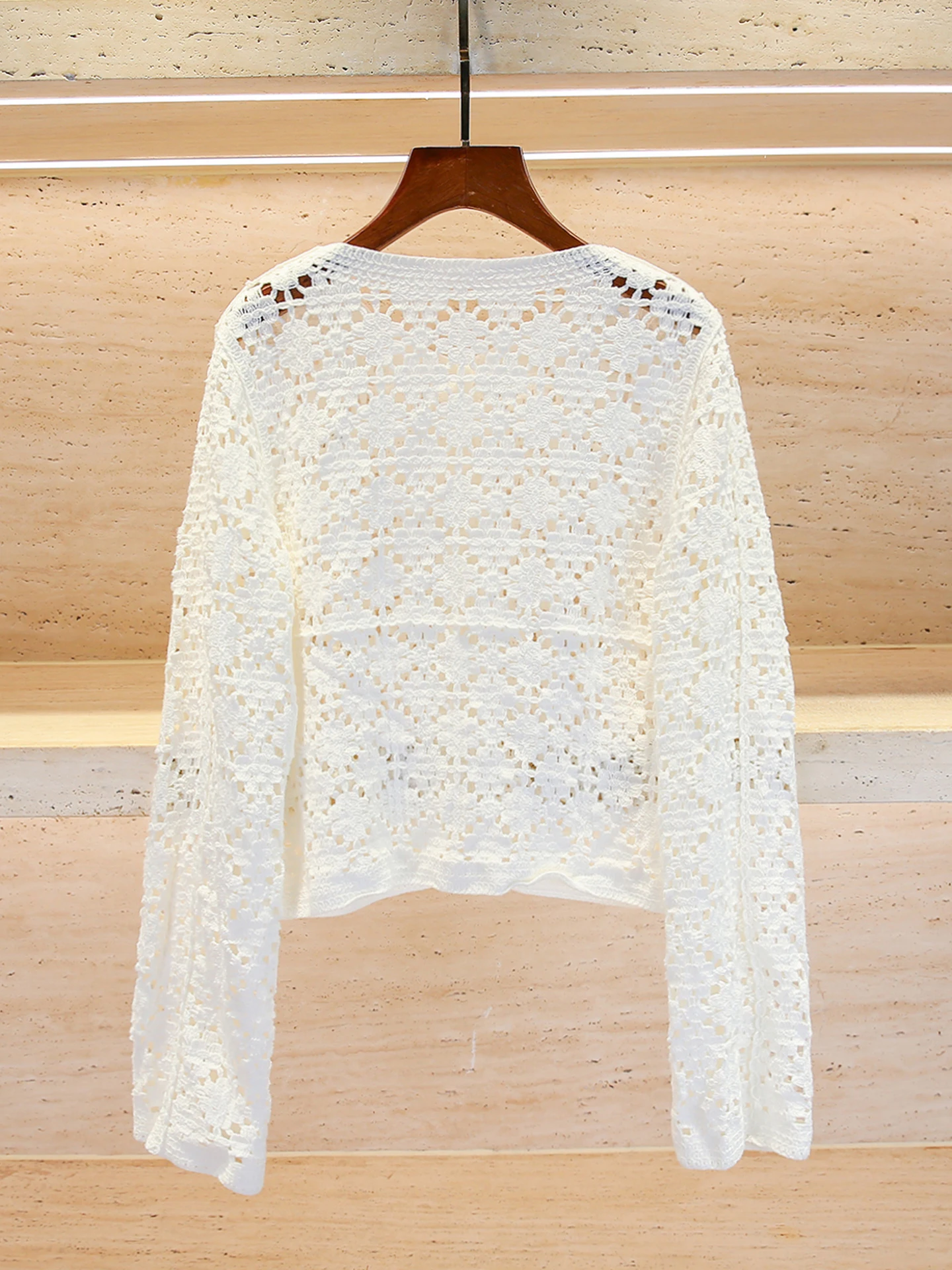 Ele – Cardigan tricoté ajouré pour femme, haut doux, Design à crochet Floral, confortable, Long, Sve irt