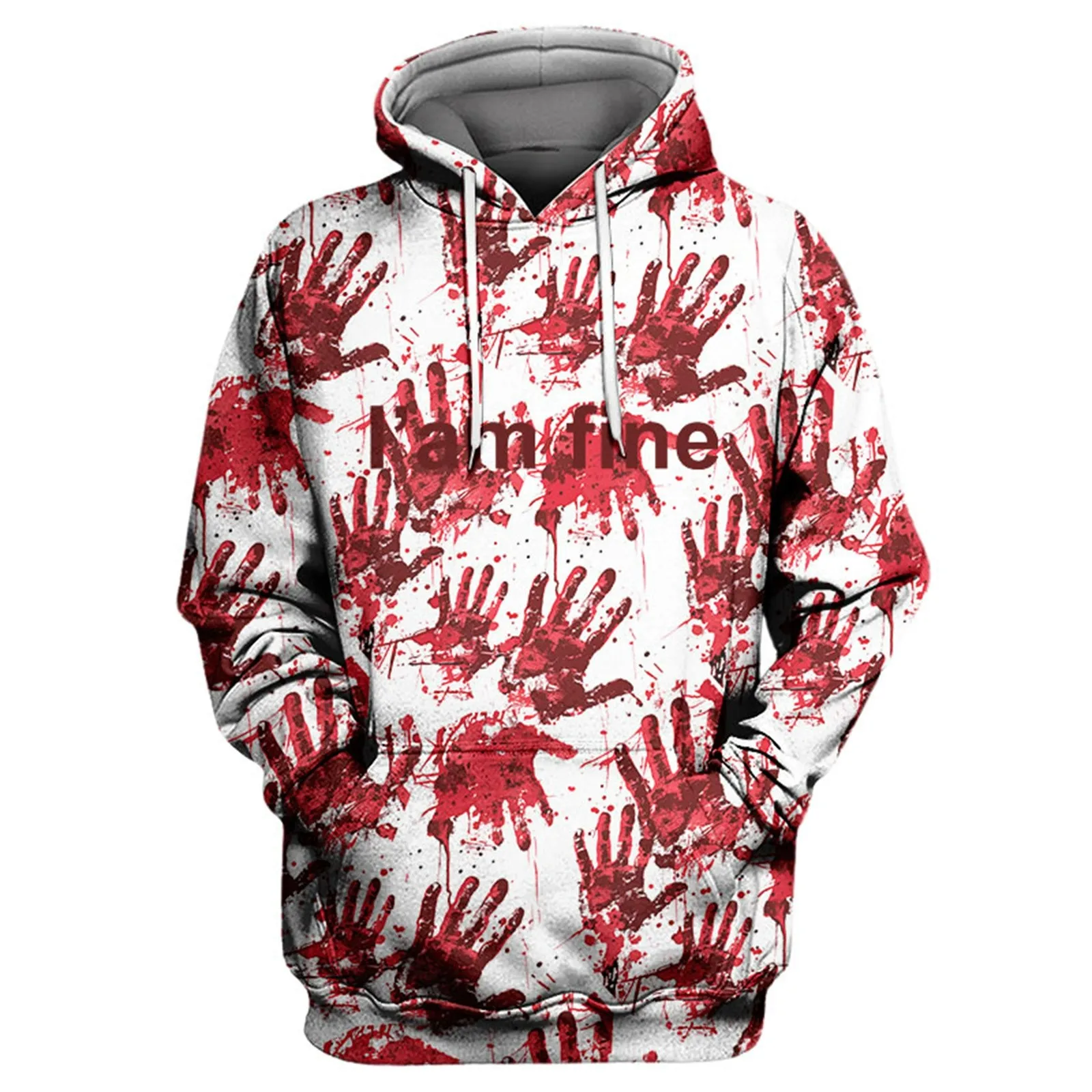 

Ladies Fashion Casual Halloween Bloody Handprint I Am Fine Printed Hooded Drawstring Pocket Hoodie Zipper Sweatshirt Tunic